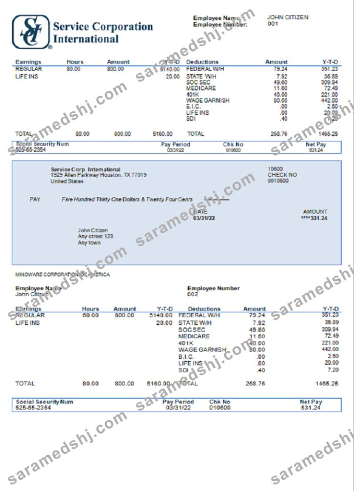 USA Service Corp. International consumer discretionary company pay stub